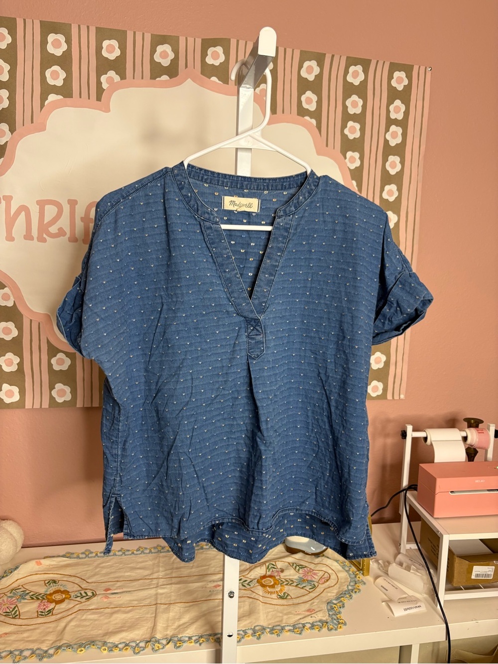 Madewell Blue Short-Sleeve Split-Neck Blouse